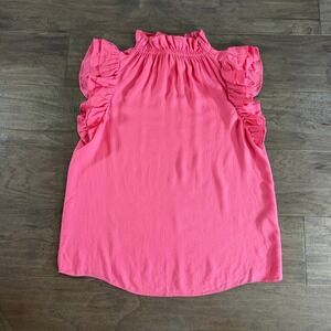 Hofmann Copenhagen Essie Pink Smocked High Neck Ruffle Sleeveless Blouse 36